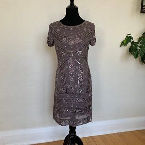 Vintage-style beaded taupe flapper dress sz S